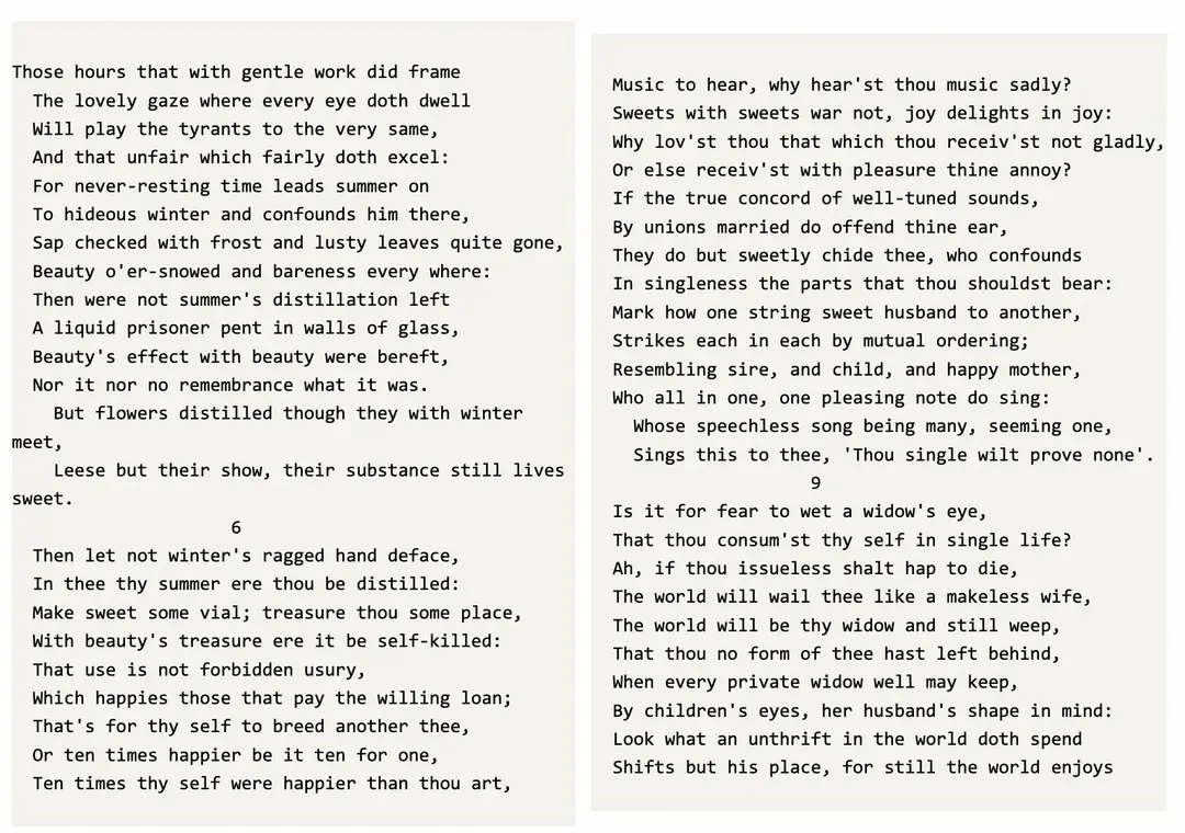 Image represents a digitized page displaying two vertically-aligned columns of text.  Each column contains a poem, seemingly from the same source, with line numbers ('6' and '9') marking the end of the first and second stanzas respectively in each column. The left column's poem focuses on the fleeting nature of summer's beauty and the enduring sweetness that remains even in winter. The right column's poem uses musical metaphors to explore the themes of loneliness and the importance of connection, contrasting the solitary life with the vibrant fullness of a family.  The poems are presented in a serif typeface, typical of older printed works, with consistent line spacing and justification. No URLs or parameters are visible; the only additional elements are the line numbers, which serve as visual separators within the poems. The two columns are presented side-by-side without any explicit visual connection beyond their shared page layout.  The text flows vertically within each column, with each line representing a verse in the respective poem.