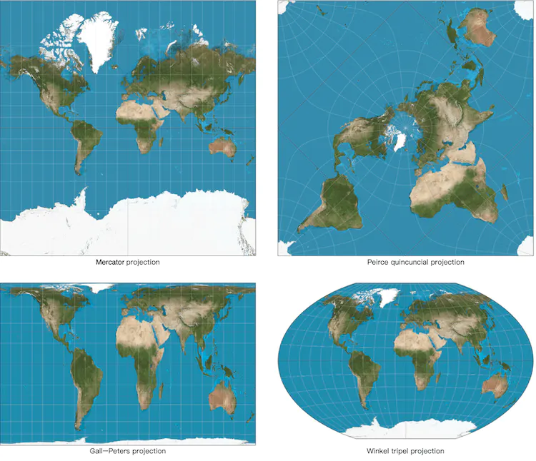 Figure 2 Map projections (source: Wikipedia [6] [7] [8] [9])