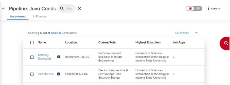 Image represents a candidate pipeline interface, likely from an applicant tracking system (ATS), displaying a list of candidates filtered for 'Java' skills.  The top section shows the pipeline title 'Pipeline: Java Cands,' a search bar with 'Java' entered and a close button (X), and tabs for 'Unreviewed' and 'In Pipeline' candidates. Below, it displays 'Showing 6 out of about 6 Candidates.'  The main body presents a table with checkboxes for candidate selection, columns for 'Name,' 'Location,' 'Current Role,' 'Highest Education,' and 'Job Apps.' Two candidates are shown: Anthony Townsend from Bethlehem, PA, US, a Software Support Engineer at Tri Star Engineering with a Bachelor of Science in Information Technology from Indiana State University and zero job applications; and Ellis McLane from Lakehurst, NJ, US, an Electrical Apprentice at Low Voltage Tech Solarium Energy, also with a Bachelor of Science in Information Technology from Indiana State University and zero job applications. A dropdown menu labeled 'Relevance' allows sorting, and a large magnifying glass icon suggests further search functionality.  A toggle switch and an 'Actions' menu are present in the top right corner.  Each candidate row includes a small icon resembling a document, possibly indicating additional information.