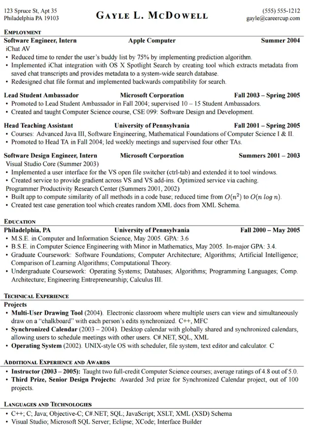 Image represents a chronologically-ordered tech resume for Gayle L. McDowell.  The resume is structured into sections:  Contact information (name, phone number, email) at the top, followed by EMPLOYMENT detailing roles at Apple Computer (Software Engineer, Intern, Summer 2004) and Microsoft Corporation (Lead Student Ambassador, Fall 2003 - Spring 2005; Software Design Engineer, Intern, Summers 2001-2003), each with bullet points describing responsibilities and quantifiable achievements.  Next, EDUCATION lists degrees (M.S.E. and B.S.E. in Computer Science from the University of Pennsylvania, Fall 2000 - May 2005) and coursework.  TECHNICAL EXPERIENCE highlights projects: Multi-User Drawing Tool (2004), Synchronized Calendar (2003-2004), and Operating System (2002), specifying technologies used (C++, MFC, C#.NET, SQL, XML, C).  ADDITIONAL EXPERIENCE AND AWARDS section mentions teaching experience (Instructor, 2003-2005) and an award for the Synchronized Calendar project. Finally, LANGUAGES AND TECHNOLOGIES lists programming languages and software tools used.  The entire resume flows chronologically, starting with the most recent experience and moving backward, with dates clearly indicated for each position and project.