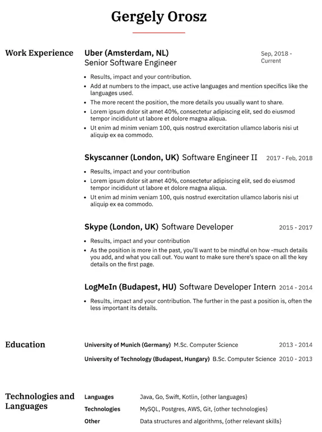 Image represents a tech resume for Gergely Orosz, structured into sections.  The top displays his name, 'Gergely Orosz,' prominently.  Below, 'Work Experience' lists four roles chronologically descending:  Uber (Amsterdam, NL) as Senior Software Engineer (Sep 2018-Current), Skyscanner (London, UK) as Software Engineer II (2017-Feb 2018), Skype (London, UK) as Software Developer (2015-2017), and LogMeIn (Budapest, HU) as Software Developer Intern (2014-2014). Each role includes bullet points detailing results, impact, and contribution, with instructions on how much detail to provide based on recency.  Further down, 'Education' lists University of Munich (Germany) for M.Sc. Computer Science (2013-2014) and University of Technology (Budapest, Hungary) for B.Sc. Computer Science (2010-2013). Finally, 'Technologies and Languages' categorizes his skills into 'Languages' (Java, Go, Swift, Kotlin, and others), 'Technologies' (MySQL, Postgres, AWS, Git, and others), and 'Other' (data structures and algorithms, and others).  The information flows chronologically from most recent work experience to education and then to a summary of technical skills.  The resume uses bullet points to organize information within each section, and bracketed placeholders '{other ...}' indicate potential additions.