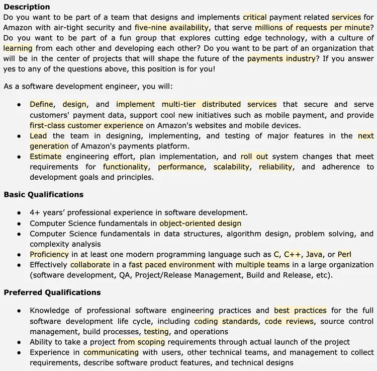 Image represents a job description for a Software Development Engineer at Amazon.  The top section poses a series of questions designed to gauge the applicant's interest in the role, highlighting aspects like working on critical payment systems, high availability, cutting-edge technology, and a collaborative environment.  The next section outlines the responsibilities of the position, including defining, designing, and implementing multi-tier distributed payment services, leading the team in developing new features for Amazon's payment platform, and estimating engineering effort and planning implementation rollouts, emphasizing the importance of functionality, performance, scalability, and reliability.  Following this, 'Basic Qualifications' lists required skills and experience, such as 4+ years of software development experience, computer science fundamentals in object-oriented design and data structures, algorithm design, and proficiency in at least one modern programming language (C, C++, Java, or Perl).  Finally, 'Preferred Qualifications' details desirable skills, including knowledge of software engineering best practices (coding standards, code reviews, etc.), project management experience from scoping to launch, and strong communication skills with various stakeholders.  The entire document is structured as a bulleted list, clearly separating responsibilities, basic requirements, and preferred qualifications.